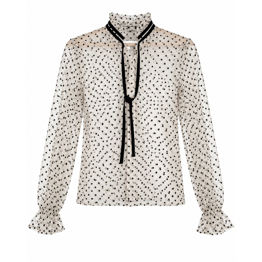 LOFT Sheer Mesh Polka Dot Tie Neck Blouse Cream Black Small NWT 37720940